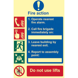 5-Point Fire Action Procedure Sign - Call Fire Brigade - Rigid Photoluminescent Board (200 x 300mm)