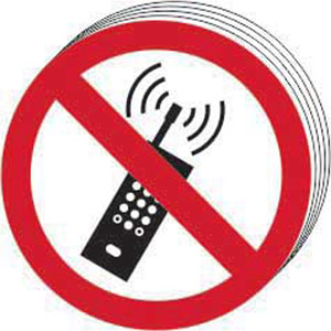 No Mobile Phones Symbol Sign - Self-Adhesive Vinyl (100mm dia.) (Pack of 10)