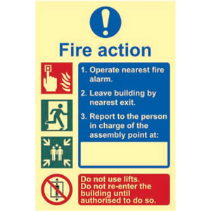 5-Point Fire Action Procedure Sign - Do Not Re-enter Building... - Rigid Photoluminescent Board (200mm x 300mm)