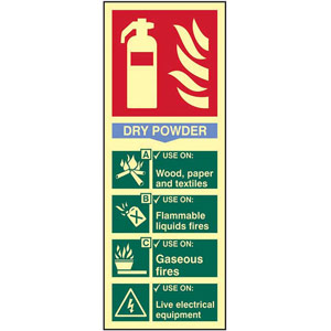Fire Extinguisher: Dry Powder Sign - 1.3mm Rigid Self-Adhesive Photoluminescent Board (82mm x 202mm)
