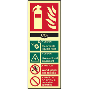 Fire Extinguisher: CO2 Sign - 1.3mm Rigid Self-Adhesive Photoluminescent Board (82mm x 202mm)