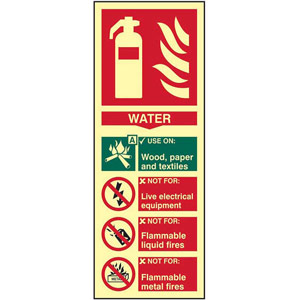 Fire Extinguisher: Water Sign - 1.3mm Rigid Self-Adhesive Photoluminescent Board (82mm x 202mm)
