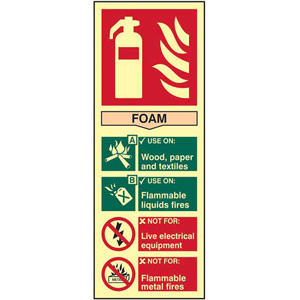 Fire Extinguisher: Foam Sign - 1.3mm Rigid Self-Adhesive Photoluminescent Board (82mm x 202mm)
