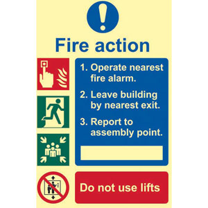 4-Point Fire Action Procedure Sign - Do Not Use Lifts - Flexible Photoluminescent Board (200 x 300mm)