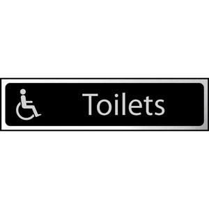 Toilets' (Disabled Symbol) Sign - Black And Polished Chrome Effect - Self-Adhesive PVC (200 x 50mm)
