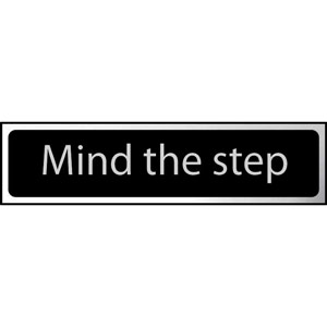 Mind The Step' Sign - Black And Polished Chrome Effect - Self-Adhesive PVC (200 x 50mm)