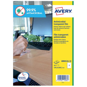 Avery Clear Removable Antimicrobial Film Labels 199.6x289.1mm A4 (Pack of 10) AM001A4-10