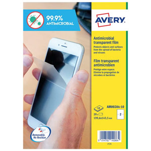 Avery Clear Removable Antimicrobial Film Labels 199.6x143.5mm A4 (Pack of 20) AM002A4-10