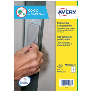 Avery Clear Removable Antimicrobial Film Labels 139x99.1mm A4 (Pack of 40) AM004A4-10