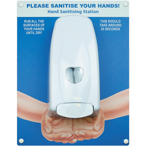 Hand Sanitiser Board - c/w Manual Dispenser - Hands Design - Blue (300 x 400mm)