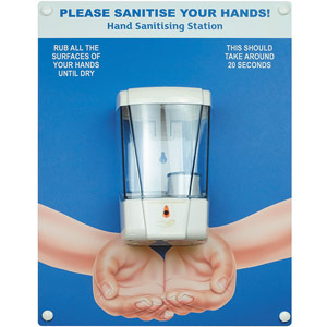 Hand Sanitiser Board - c/w Auto Dispenser - Hands Design - Blue (300 x 400mm)