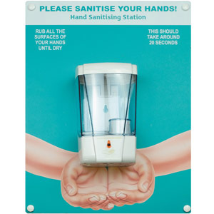Hand Sanitiser Board - c/w Auto Dispenser - Hands Design - Turquoise (300 x 400mm)