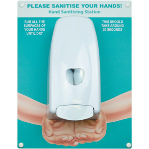 Hand Sanitiser Board - c/w Manual Dispenser - Hands Design - Turquoise (300 x 400mm)