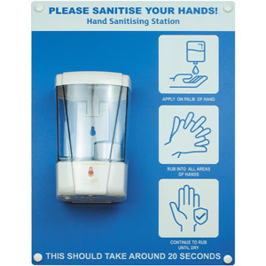 Hand Sanitiser Board - c/w Auto Dispenser - 3 Image Design - Blue (300 x 400mm)