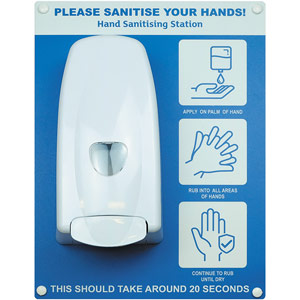 Hand Sanitiser Board - c/w Manual Dispenser - 3 Image Design - Blue (300 x 400mm)