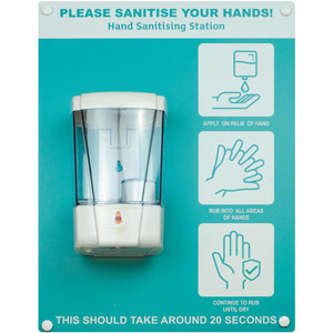 Hand Sanitiser Board - c/w Auto Dispenser - 3 Image Design - Turquoise (300 x 400mm)