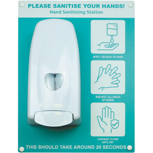 Hand Sanitiser Board - c/w Manual Dispenser - 3 Image Design - Turquoise (300 x 400mm)