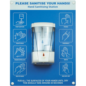 Hand Sanitiser Board - c/w Auto Dispenser - 6 Image Design - Blue (300 x 400mm)