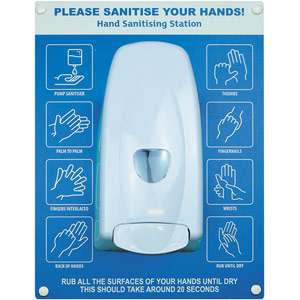 Hand Sanitiser Board - c/w Manual Dispenser - 6 Image Design - Blue (300 x 400mm)