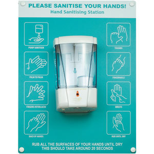 Hand Sanitiser Board - c/w Auto Dispenser - 6 Image Design - Turquoise (300 x 400mm)