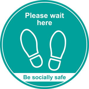 Turquoise Social Distancing Floor Graphic - Please Wait Here (400mm dia.)