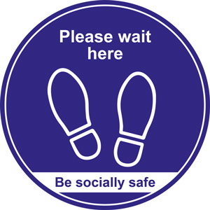Blue Social Distancing Floor Graphic - Please Wait Here (400mm dia.)