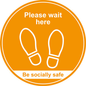 Amber Social Distancing Floor Graphic - Please Wait Here (400mm dia.)