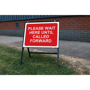 Red Social Distancing Temporary Sign (600 x 450mm) - Please Wait Here Until Called Forward