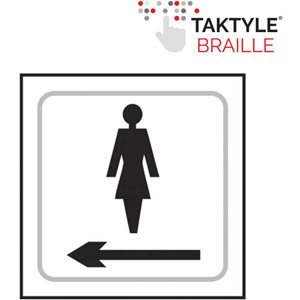 Ladies Graphic Arrow Left Braille Sign - Self-Adhesive Taktyle - White  (150mm x 150mm)