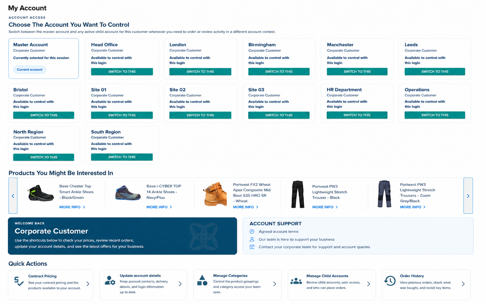 Ruffles Workwear corporate PPE portal showing a master account, multiple company accounts and quick actions