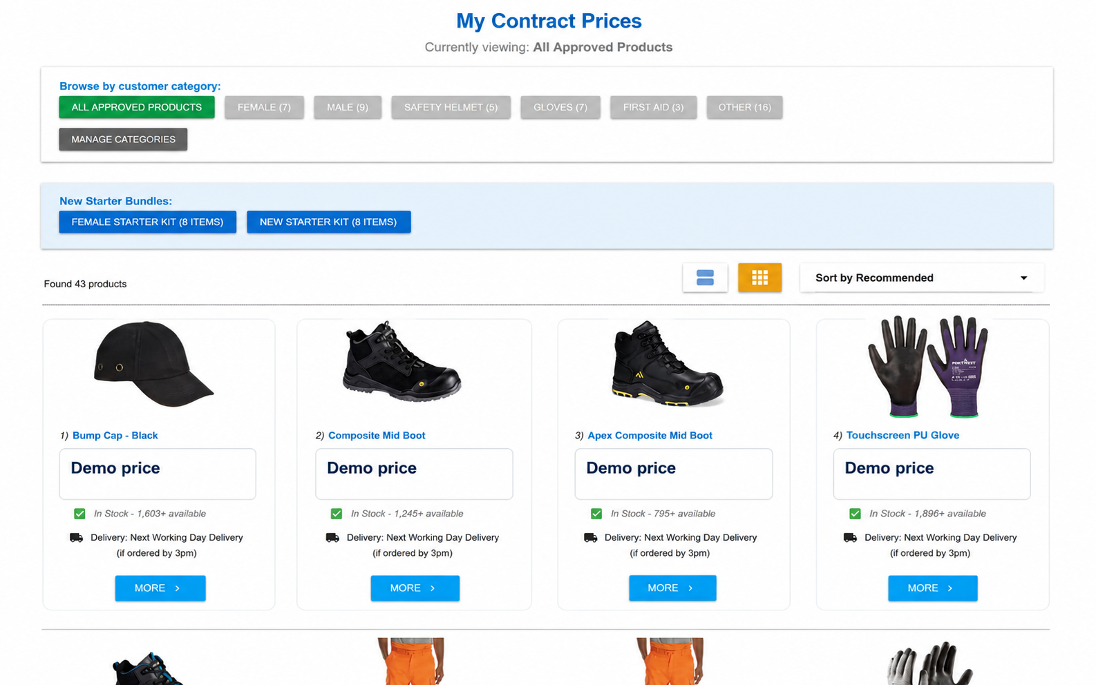 Ruffles Workwear customer portal showing approved PPE products and representative customer-specific pricing