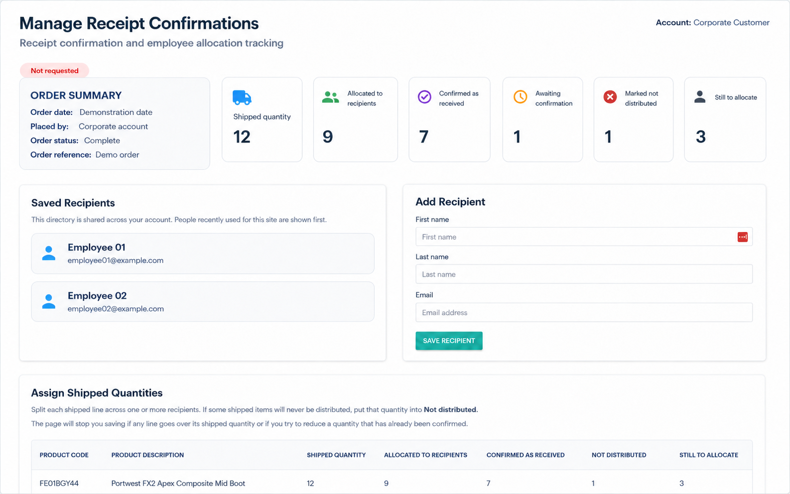 PPE receipt confirmation system showing employee allocation, confirmation requests and audit tracking