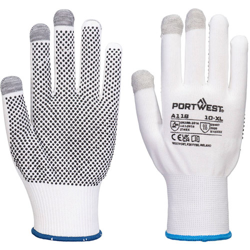 Portwest Grip 13 PVC Dotted Touchscreen Glove (Pk12) - White/Grey