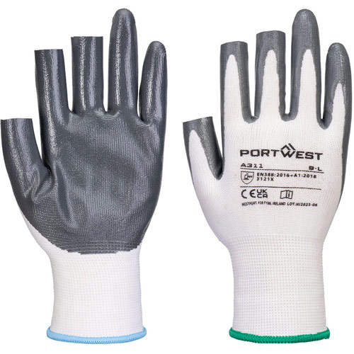 Portwest Grip 13 Nitrile 3 Fingerless Glove (Pk12) - White/Grey