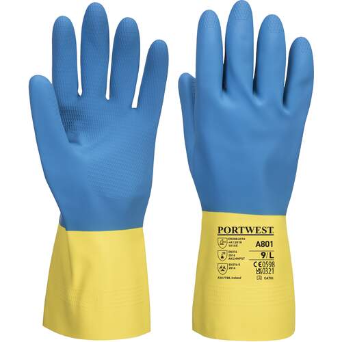 Portwest Double Dipped Latex Gauntlet - Yellow/Blue
