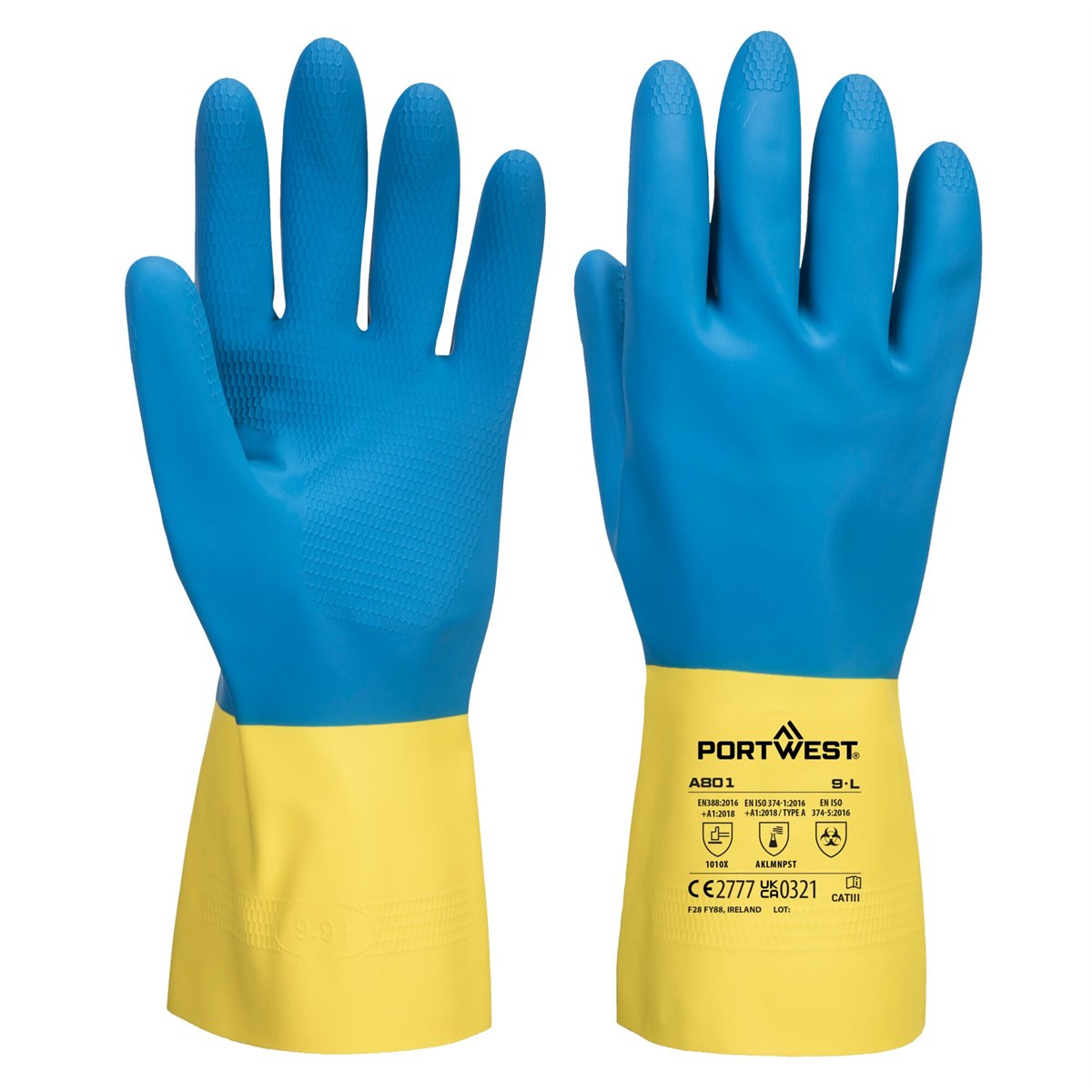 Portwest Double Dipped Latex Gauntlet - Yellow/Blue