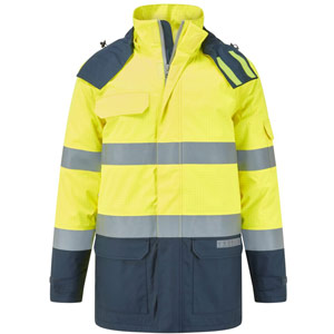 Portwest Bizflame Rain+ Hi-Vis Multi-Norm Contrast FR Winter Jacket - Yellow/Navy