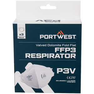 Portwest FFP3 Valved Dolomite Fold Flat Respirator (Pk3) - White