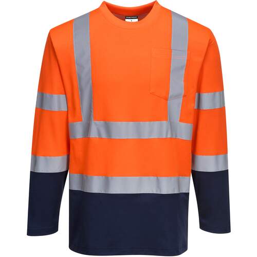 Portwest Two-Tone Long Sleeved Cotton Comfort T-Shirt - Orange/Navy