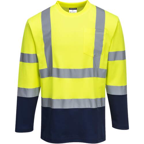 Portwest Two-Tone Long Sleeved Cotton Comfort T-Shirt - Yellow/Navy