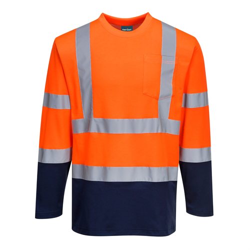 Portwest Two-Tone Long Sleeved Cotton Comfort T-Shirt - Orange/Navy