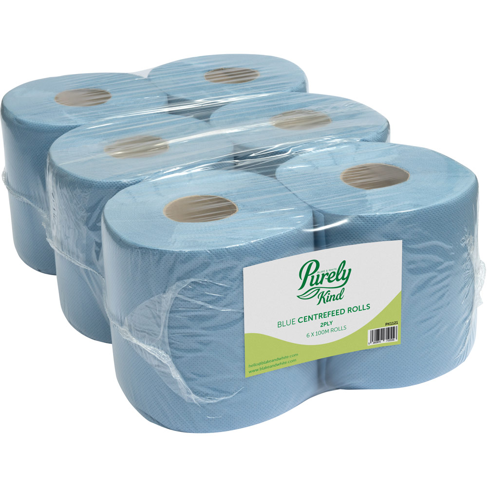 Purely Kind Centrefeed Rolls 2ply 100m Blue Pack of 6 | The PPE Online Shop