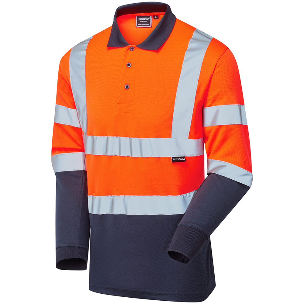 Supertouch Hi Vis 2 Tone Long Sleeve Bird Eye Polo Shirt - Orange/Navy ...